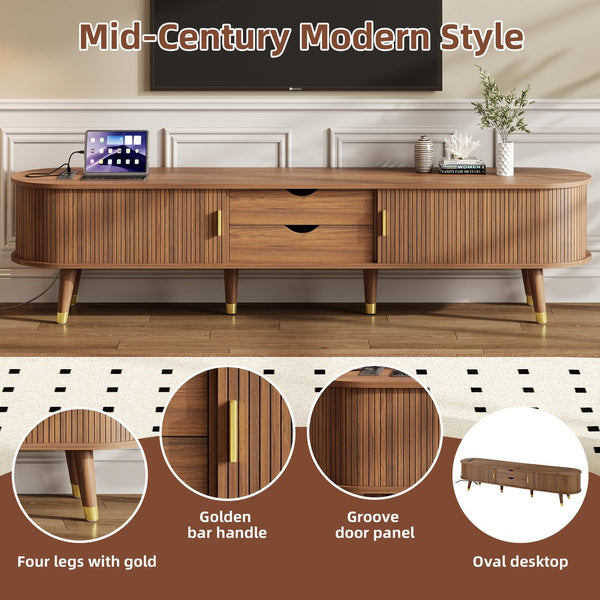 English Elm [Assembly Wooden Oval Fluted TV Stand with Charging Station, 74.8" Mid-Century Media Console w/ Sliding Door and Gold Accents Walnut N721P297567D