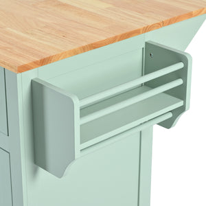 English Elm Kitchen Cart with Drop-Leaf Rubberwood Countertop, Rolling Island with Cabinet, Drawers & Racks for Dining Room - Stylish Durable Storage Solution Mint Green WF298028AAE