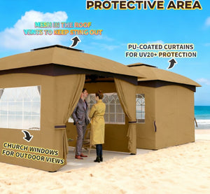 English Elm Double Tier Outdoor Gazebo with Arched Windows Steel Frame and Uv Resistant Polyester Canopy Beige T3971P426830