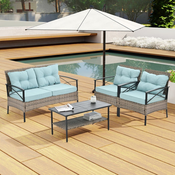 English Elm Patio Four-Piece Wicker Furniture Set - Stylish Outdoor Seating With Plush Cushions & Metal Table W1703S00031-GIGA