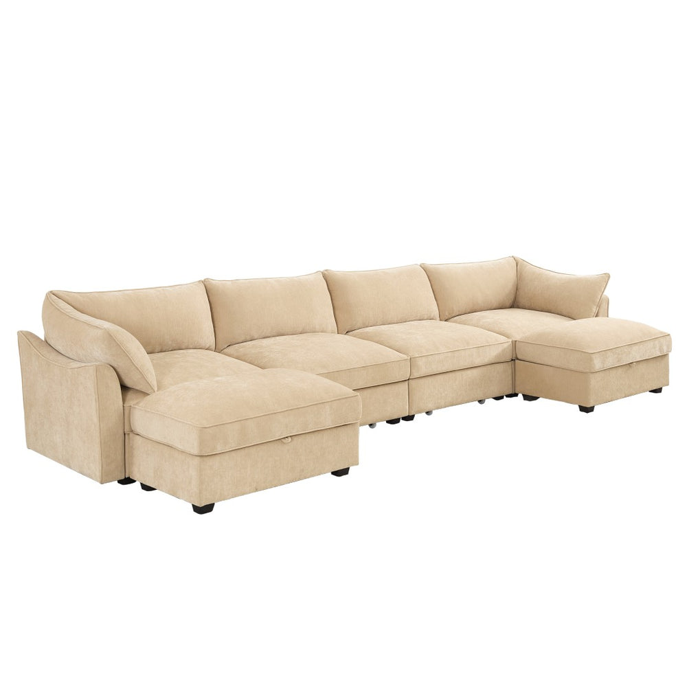 English Elm U Shape 4-Seater Modular Sofa With Movable Ottomans, Hidden Storage, & Plush Chenille In Wheat Color W3041S00181-GIGA