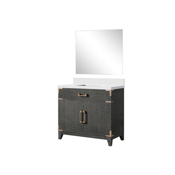 English Elm Black Oak Elegant Single-Sink Vanity With Cultured Marble Top & Matching 34" Mirror For Modern Bathrooms B2731S02127