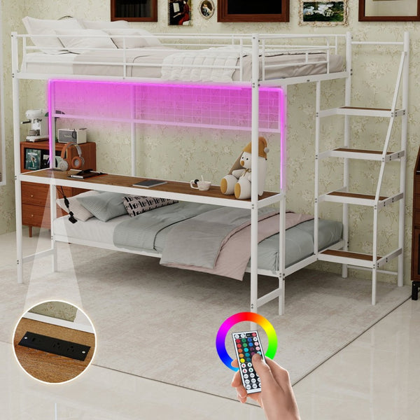 English Elm Full Over Twin Metal Bunk Bed with Desk Led Strip Shelves for Teen Dorm Rooms Ancient White W1935S00010