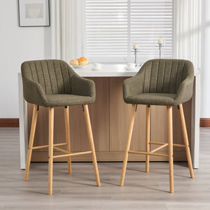 English Elm Modern Linen Upholstered Barstools with Oak Legs Armrests and Footrest for Kitchen Islands Green W395P396315