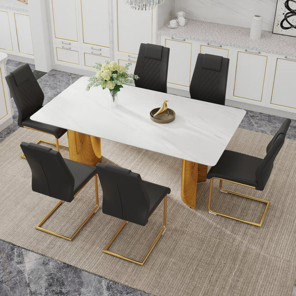 English Elm Table With Glass Top & 6 Elegant Chairs - Modern Marble Pattern, Gold Legs, Comfortable Pu Seats W1151S04347-GIGA