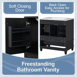 English Elm Christopher Knight Home® - 30" Freestanding Bathroom Vanity with Ceramic Sink, Soft-Close Door, Gold Knobs & 3 Drawers, Durable Painted Finish Black N759P225994B