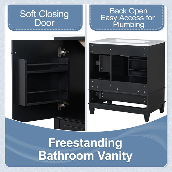 English Elm Christopher Knight Home® - 30" Freestanding Bathroom Vanity with Ceramic Sink, Soft-Close Door, Gold Knobs & 3 Drawers, Durable Painted Finish Black N759P225994B