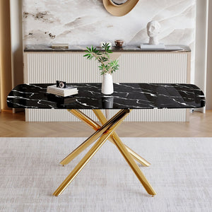 English Elm 63"x35.4" Luxurious Marble-Patterned Tempered Glass Dining Table with Gold Fork Legs, Scratch-Resistant Elegance Black+Gold W1151S03298