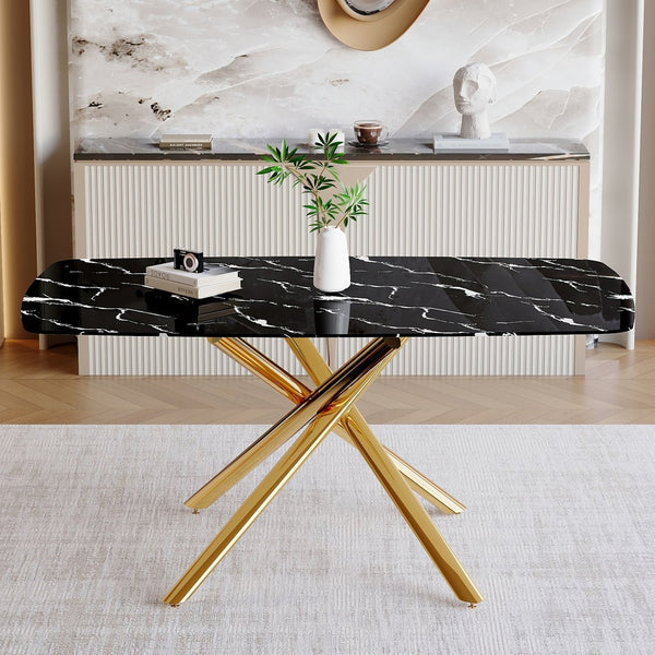 English Elm 63"x35.4" Luxurious Marble-Patterned Tempered Glass Dining Table with Gold Fork Legs, Scratch-Resistant Elegance Black+Gold W1151S03298