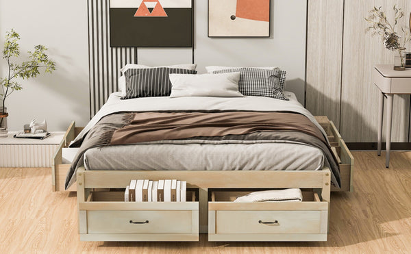 English Elm Queen Platform Bed with Six Storage Drawers Low Profile Frame for Modern Bedrooms Antique Natural N708P263022N