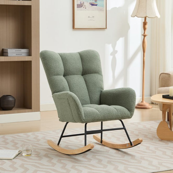 English Elm Modern Teddy Upholstered Rocking Glider Chair with High Backrest and Solid Wood Legs for Nursery Comfort Green W2725P213527