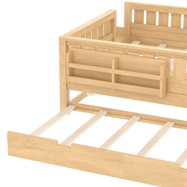 English Elm Twin Kids Platform Bed with Trundle Staircase Bookshelf and Rounded Safety Rails Light Natural W1580S00560