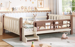 English Elm Queen Bunk Bed with Trundle Solid Pine Kids Car Themed Frame Built-in Bookshelf Beige+Natural W1580S00536