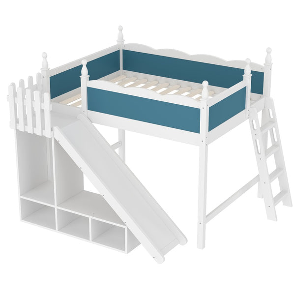 English Elm Twin Loft Bed Solid Pine Frame with Wardrobe Shelving Detachable Slide Kids Room White+Blue W5305S00024