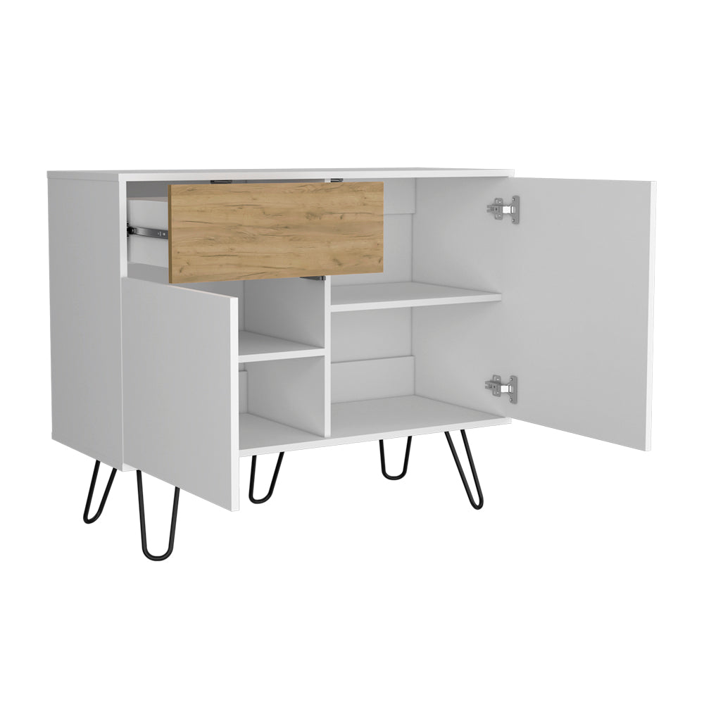 English Elm Platea Modern Sideboard White/Macadamia – Engineered Wood Storage with Open Shelves, Hairpin Legs, Durable Elegance B092P286120