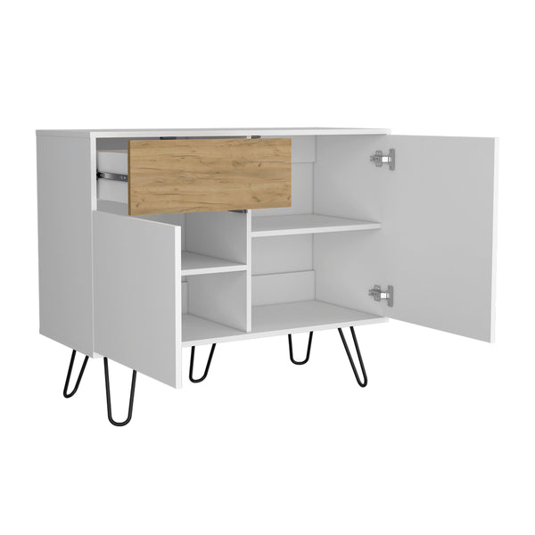 English Elm Platea Modern Sideboard White/Macadamia – Engineered Wood Storage with Open Shelves, Hairpin Legs, Durable Elegance B092P286120