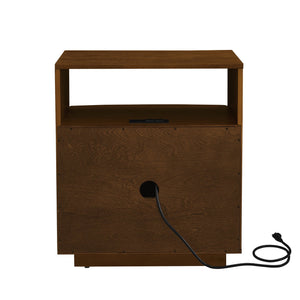 English Elm Mid Century Modern nightstand with USB charging, louver drawers, open shelf and hidden cord storage Walnut Brown W1801P303385