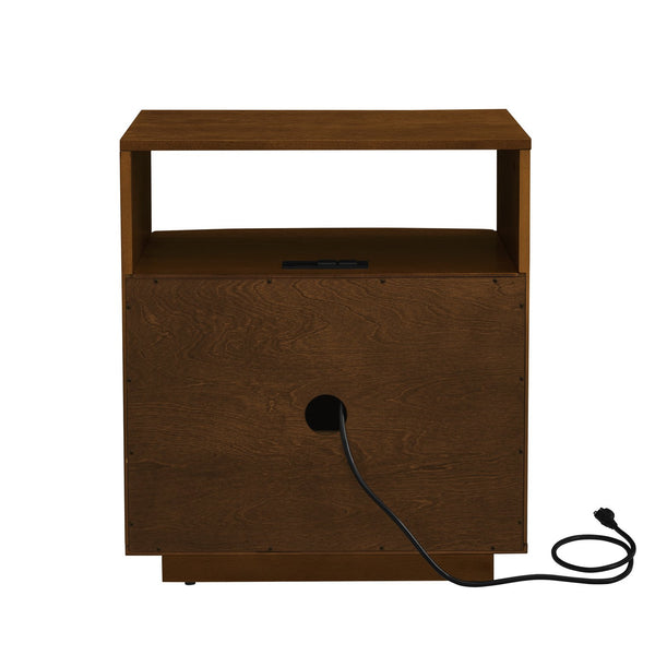 English Elm Mid Century Modern nightstand with USB charging, louver drawers, open shelf and hidden cord storage Walnut Brown W1801P303385