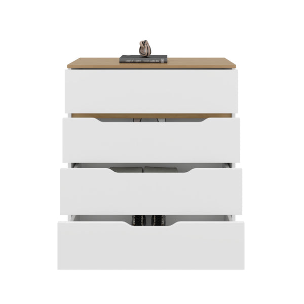 English Elm Drawer Four-Drawer Dresser 35"H in White & Light Oak — Compact, Stylish Storage with Superior Top Finish B097132891