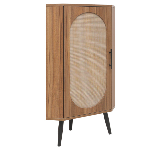 English Elm Corner freestanding rattan cabinet with metal base, slim corner shelf stand for living room space-saving storage and soft-touch black handle Walnut W688P160406
