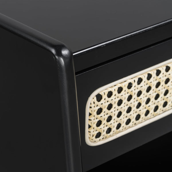 English Elm Black Rattan Panel Nightstand with Open Shelf Drawer Mdf Modern Bedroom Storage N770P374577B