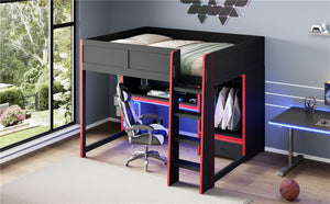 English Elm Wood Full Size Gaming Loft Bed With Desk, Wardrobe, Led Lighting, And Storage Drawer, Black Finish N7090004011B-GIGA
