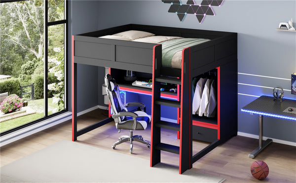 English Elm Wood Full Size Gaming Loft Bed With Desk, Wardrobe, Led Lighting, And Storage Drawer, Black Finish N7090004011B-GIGA