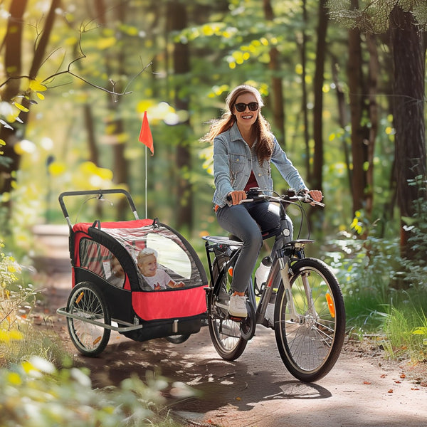 English Elm Aosom Three-wheel Kids Bike Trailer Dual Seat Foldable Cart with Safety Harness W2225P229356