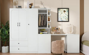 English Elm Multifunctional Wardrobe Cabinet with Fold Out Desk Hanging Rod and Storage Drawers Light White W1580S00475