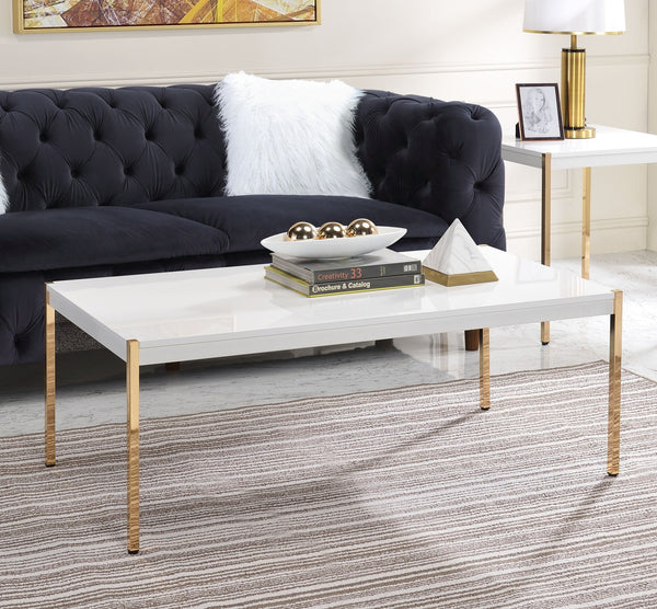 English Elm Modern Minimalist End Table with White Wood Top and Gold-Finish Metal Legs for Chic Living Spaces White+Gold 28 L x 52 W x 5 H B2741P335228