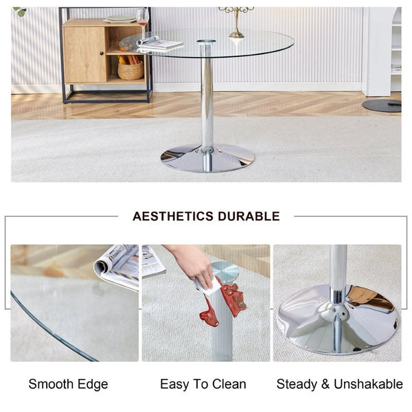 English Elm A Round Tempered Glass Dining Table with Silver Legs Seats Six in Modern Style W1151S03483