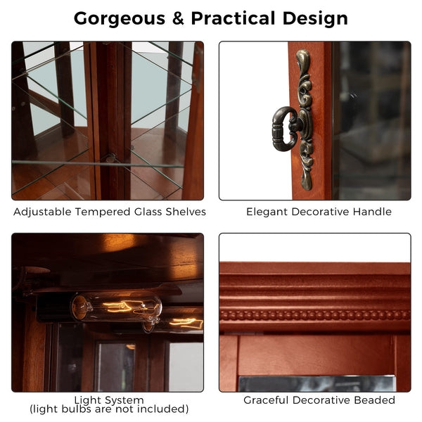 English Elm Corner Curio Cabinet Lighted Display with Mirrored Back, Adjustable Tempered Glass Shelves, Walnut W1693111239