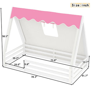 English Elm Twin Montessori Floor Bed Solid Pine Teepee Frame with Guardrails and Canopy Light W1580P369465