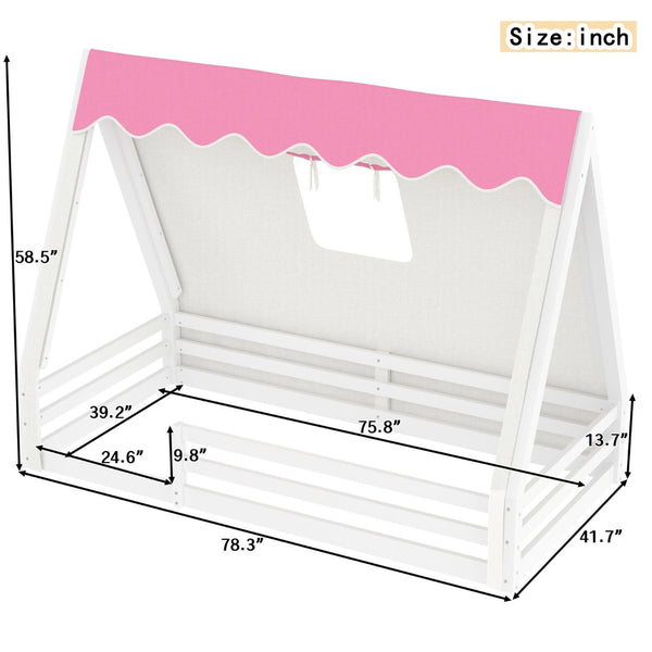 English Elm Twin Montessori Floor Bed Solid Pine Teepee Frame with Guardrails and Canopy Light W1580P369465