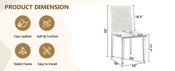 English Elm 4-pack PU dining chairs with ergonomic buckle backrest, high-density sponge seat, gold metal legs elegant luxury White+Silver W1151P295715