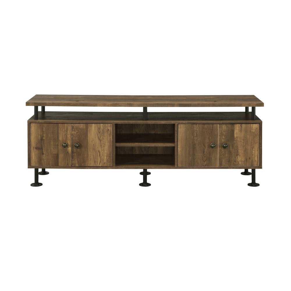 English Elm Ensata Rustic Oak TV Stand with Black Metal Frame, Water Pipe Style, 4 Open + 4 Door Storage, 60" B2726P278165