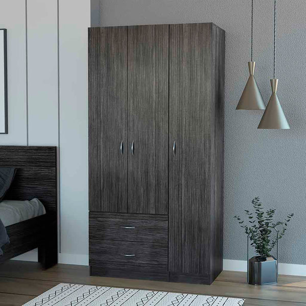 English Elm Eureka Smoke Oak Three-Door Armoire with Rod, Two Deep Drawers & Adjustable Shelves — 70.8"H x 35.4"W B128S00087