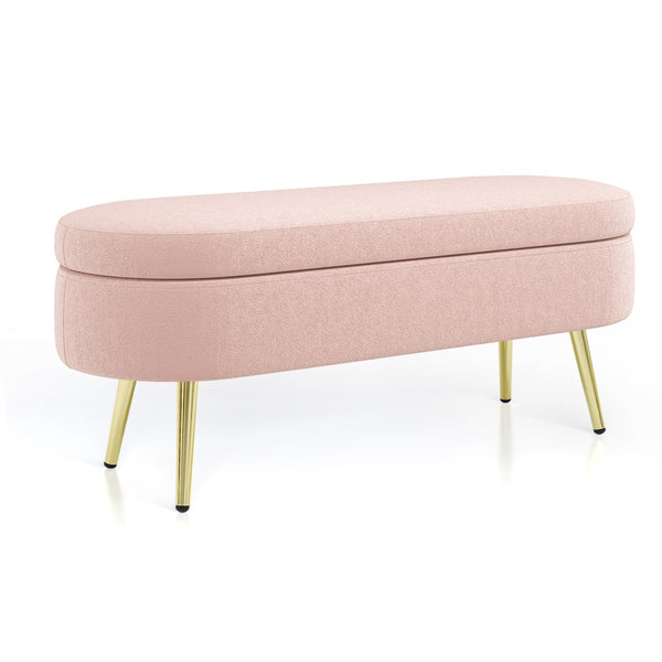 English Elm Ottoman Oval Flannel Storage Bench with Matte Metal Legs for Bedroom or Living Room Pink W487P438632