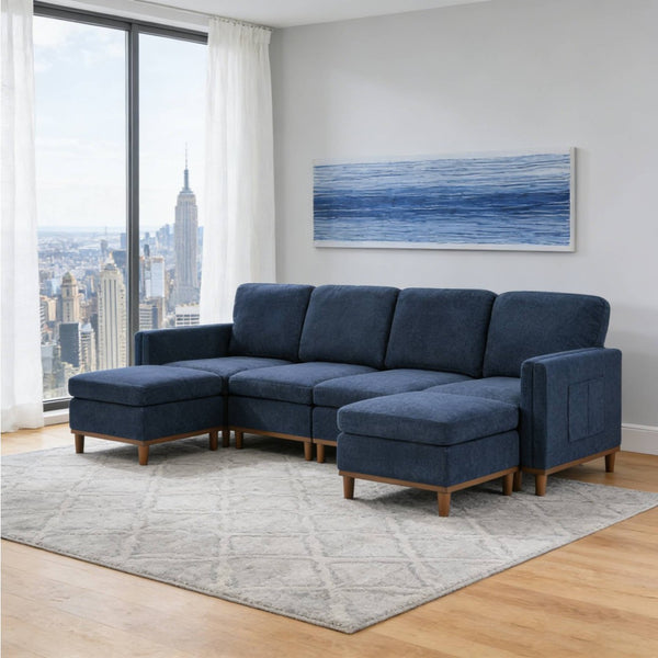 English Elm Modern Modular Sectional Sofa with Plush Cushions and Tapered Legs for Living Rooms Blue W2085S00101