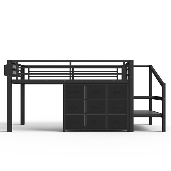 English Elm Twin Metal Low Loft Bed with Storage Stairs Fabric Drawers and Built-in Lights Black W5305S00045