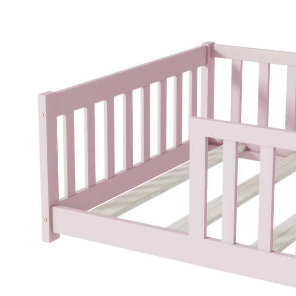 English Elm Twin Size Floor Bed With Safe Guardrails - Durable Rubberwood, Eco-Friendly Pink Design For Kids W504P286399-GIGA