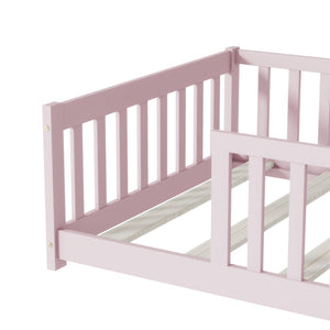 English Elm Twin Low Profile Rubberwood Floor Bed with Full Safety Fence for Toddler Rooms Pink W504P429338