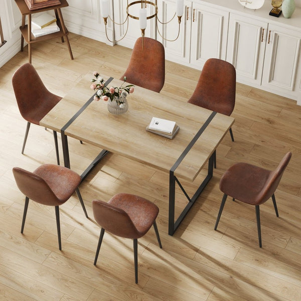 English Elm Table And Chair Set: Modern Medieval Dining Ensemble With 6 Ergonomic Brown Techno-Fabric Chairs W1151S04213-GIGA