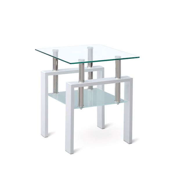 English Elm White Tempered Clear Glass End Table with Waterfall Edges, 2-Tier Sleek Sofa Side Table for Small Spaces W1718P177829