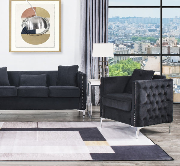 English Elm Belluno Tufted Black Velvet Accent Chair with Nailhead Trim and Chrome Legs B2749P413378