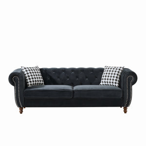 English Elm 87"Chesterfield Velvet Upholstery Sofa with Roll Armrests & Nailhead Trim, 3-Seater Luxurious Midcentury Design Black W3373S00009