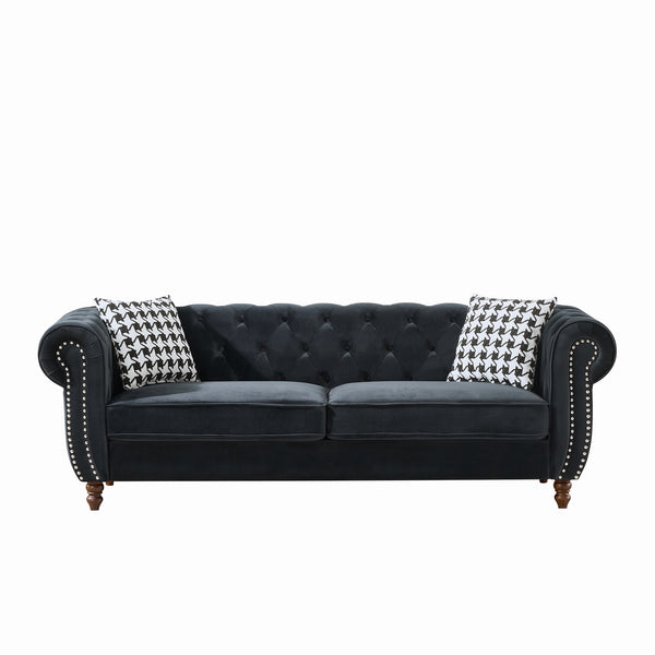 English Elm 87"Chesterfield Velvet Upholstery Sofa with Roll Armrests & Nailhead Trim, 3-Seater Luxurious Midcentury Design Black W3373S00009