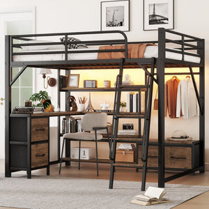 English Elm Queen Size Loft Bed With Desk & Led Lighting - Stylish Metal Bed With Storage & Workstation For Small Spaces W2593S00041-GIGA