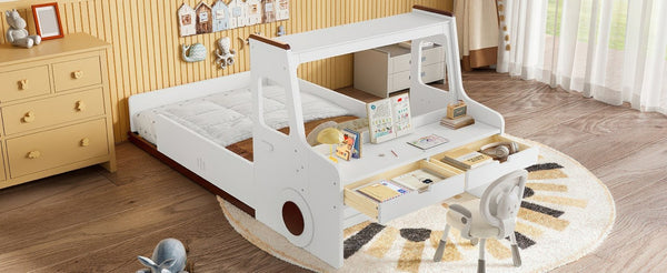English Elm Twin Car Shaped Floor Bed with Storage Drawers and Built in Desk for Kids W1580P396323