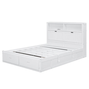English Elm Wood Queen Size Hydraulic Platform Bed with LED Headboard, Charging Station, Hidden Storage Drawers and Shelves White GX000372AAK